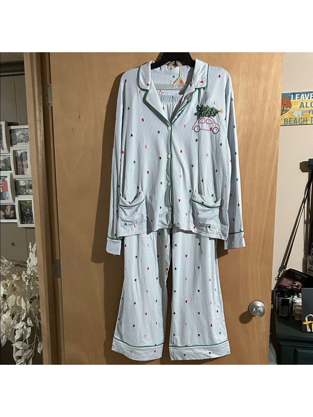 Beauty Sleep Social Striped Pajamas w/ Embroidered Car and Christmas Trees